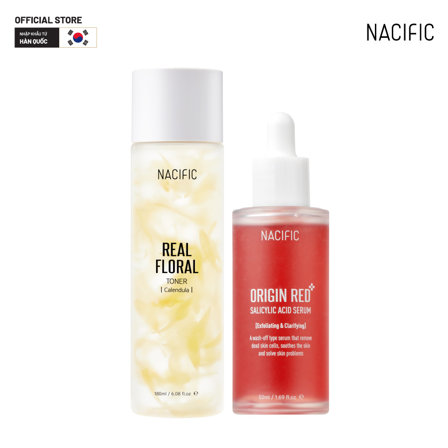 Combo Nacific Tinh chất tẩy tế bào chết Origin Red Salicylic Acid Serum 50ml+Nước hoa hồng dưỡng ẩm làm dịu da Nacific Real Floral Toner Calendula 180ml