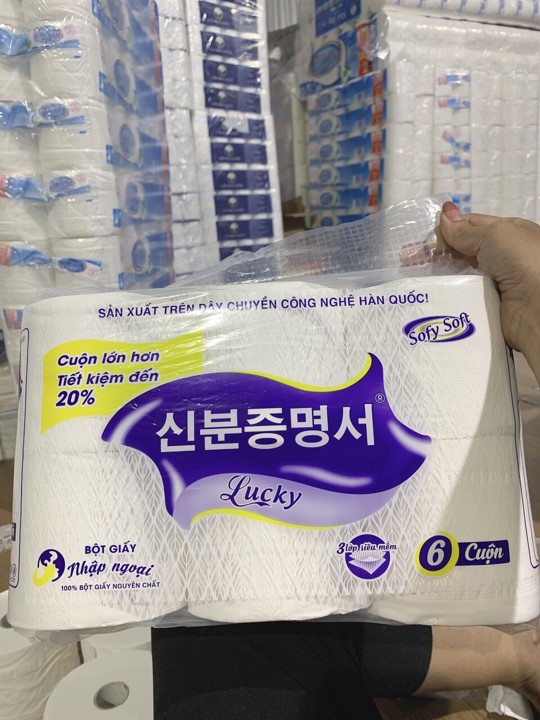 Lốc 6 cuộn khăn giấy vệ sinh Lucky Hàn Quốc không lõi, Giấy vệ sinh Lucky 3 lớp dày min siêu thấm