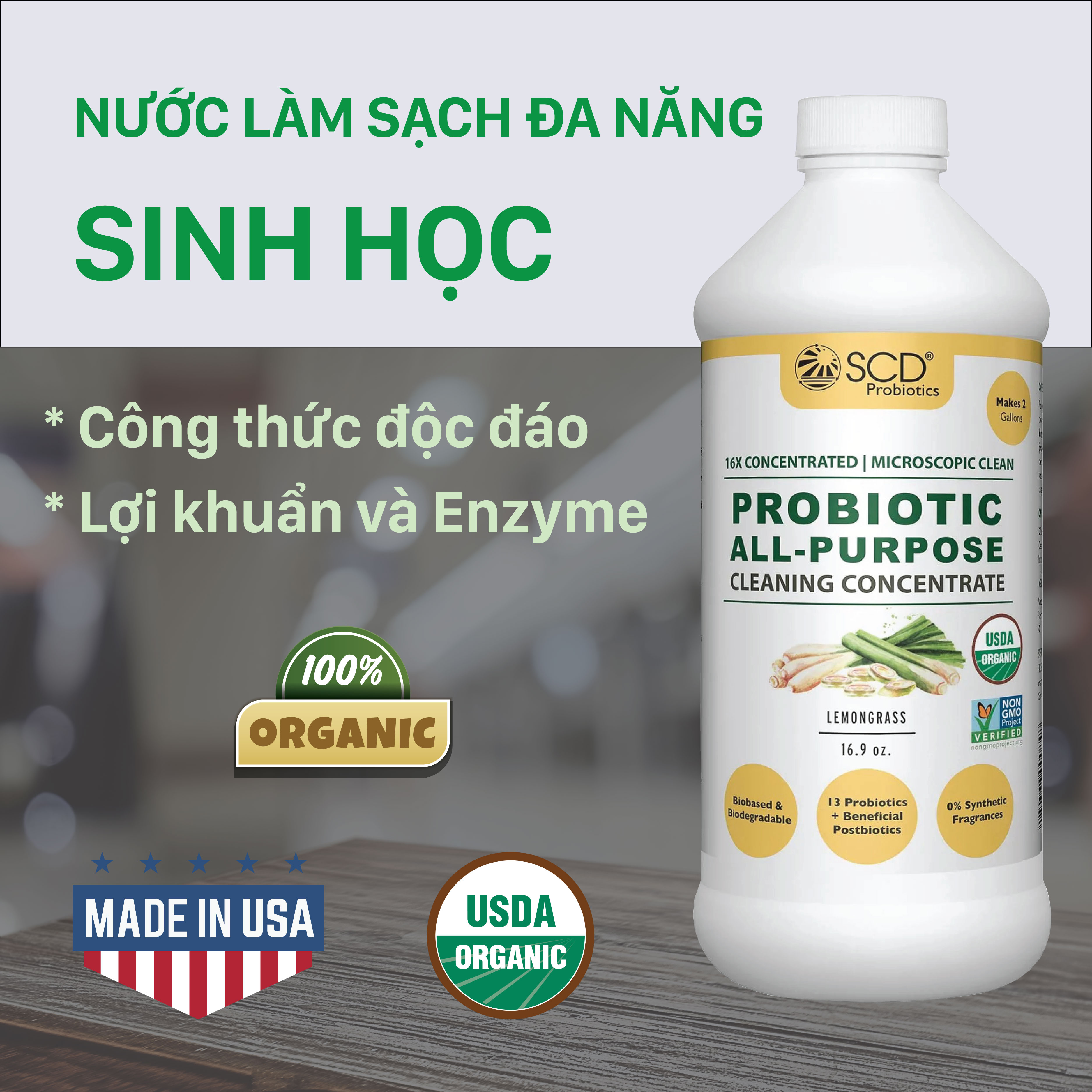 Nước làm sạch Sinh học Đa năng - Hương Lemongrass - All-Purpose Cleaning Concentrate (SCD Probiotics, USA) - 500ml Đậm đặc