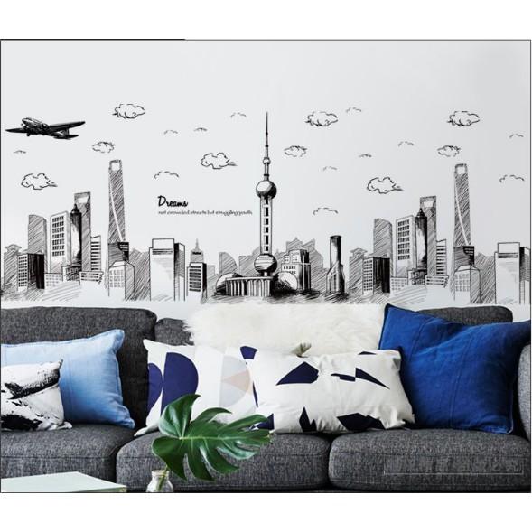 Decal trang trí tường - Thành Phố Tranh Vẽ Đen Trắng size lớn