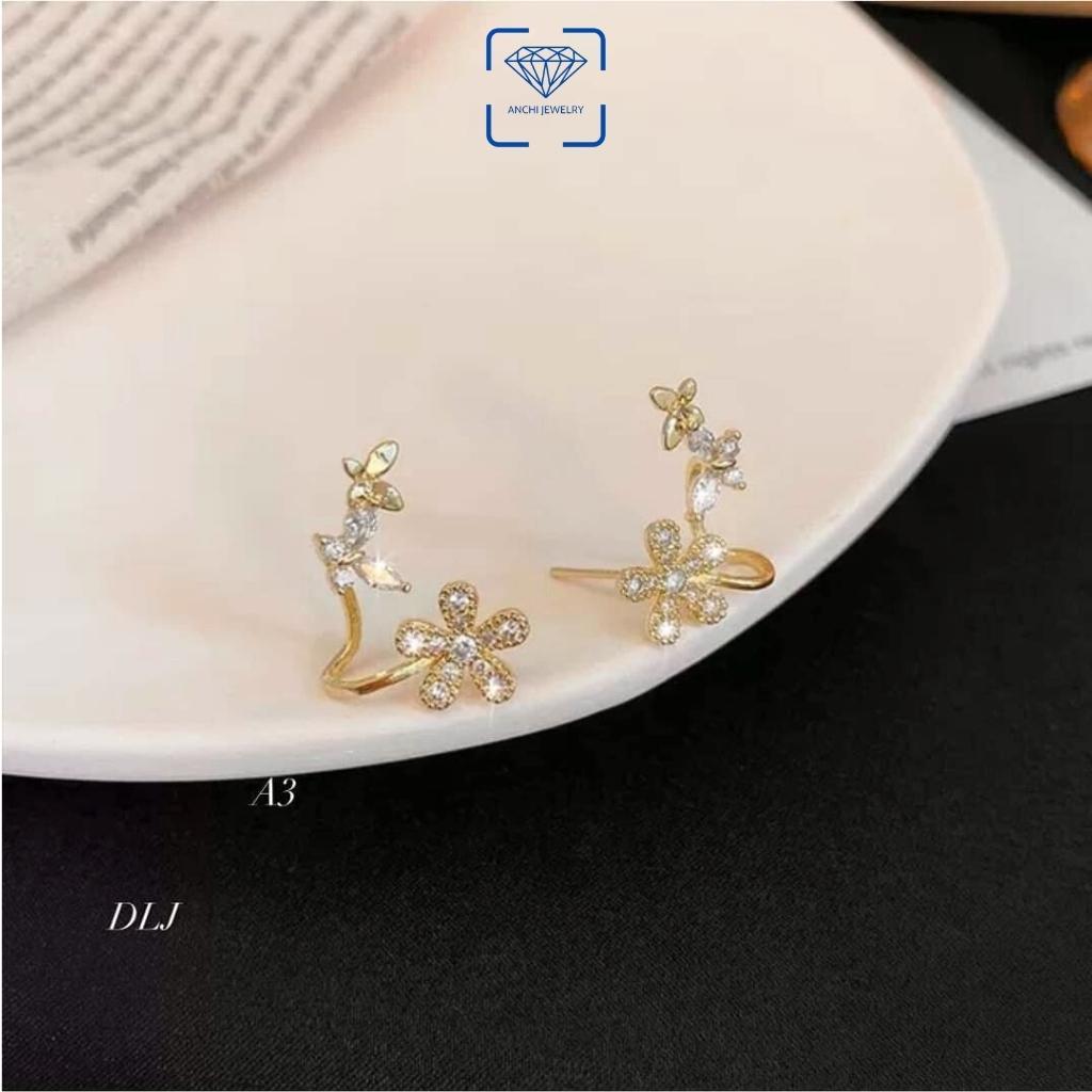 Bông tai ôm vành hình hoa và cánh bướm bạc xi vàng đính đá trẻ trung, Anchi jewelry