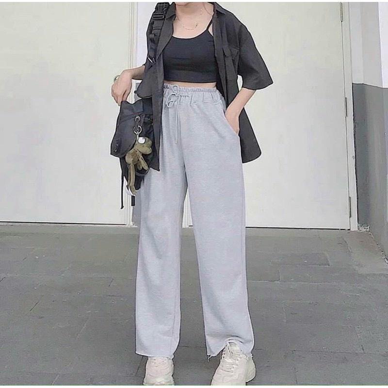 Quần ống rộng nữ cạp chun lai tưa chất nỉ da cá đẹp