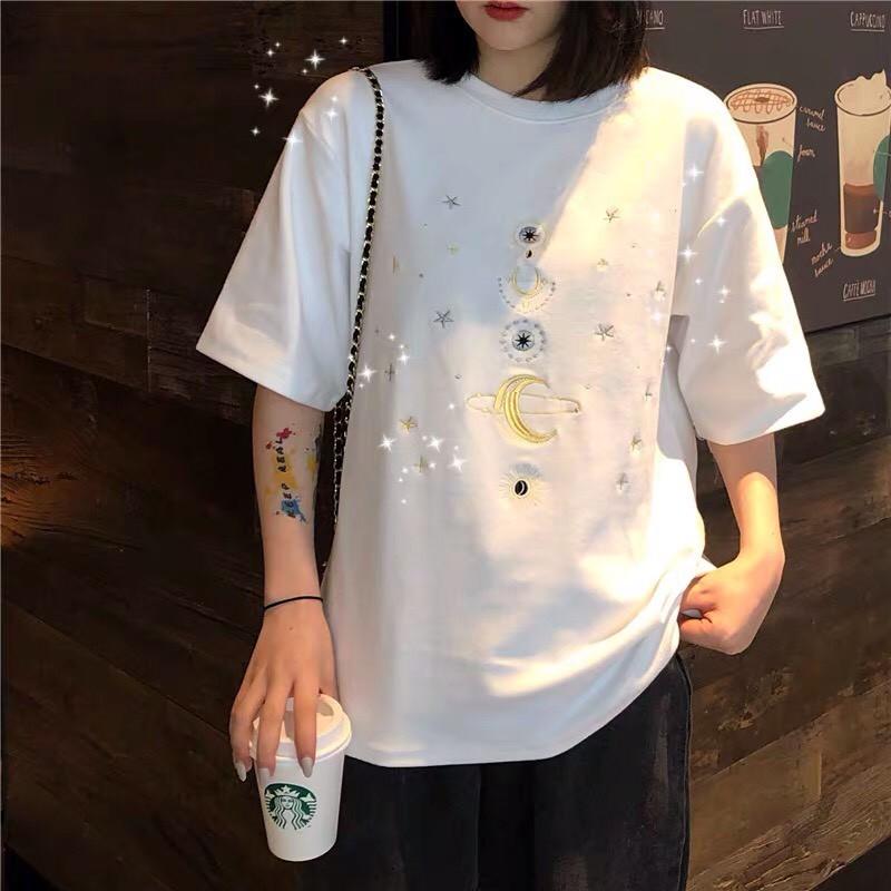- ÁO THUN NGẮN TAY UNISEX THÊU VŨ TRỤ 3 MÀU TRẮNG - ĐEN - XANH NEON