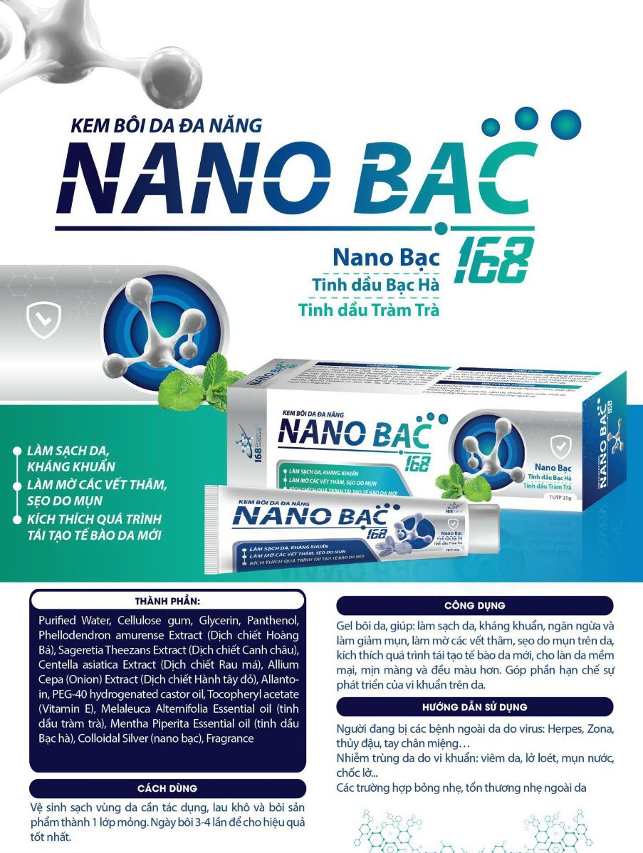 Kem Bôi Da NANO BẠC 168 (Tuýp 25g) - Làm Sạch Da, Kháng Khuẩn, Ngăn ngừa và Giảm Mụn, Làm Mờ Vết Thâm Do Mụn, Tái Tạo Da