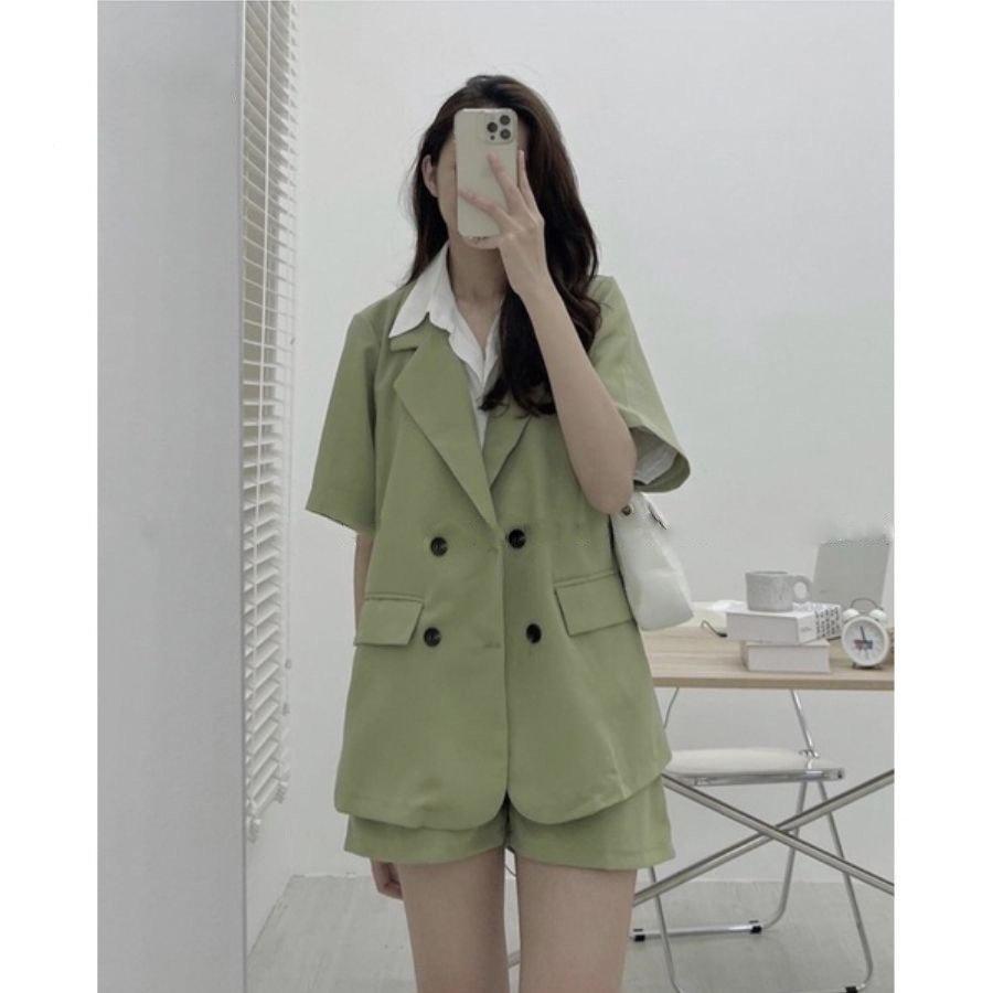 Set Áo Vest Blazer Cộc Tay Basic Kèm Quần Short Đùi Màu Trơn Thanh Lich Chuẩn Form Chất Đẹp Zmstore