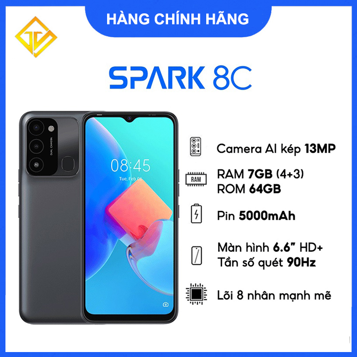 Điện thoại TECNO Spark 8C (4GB+3GB/64GB) - Pin 5000 mAh 6.6&quot; HD+ 90Hz - Hàng chính hãng