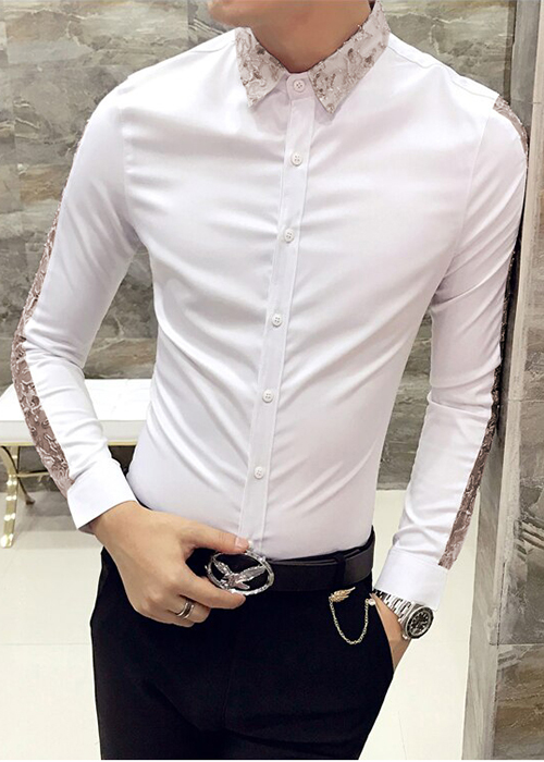 Áo Sơ Mi Nam Dài Tay Phối Ren Cổ Trẻ Trung