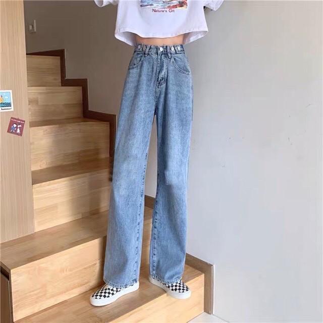 Quần Jean Nữ Ống Suông Dài màu xanh nhạt có Nút điều chỉnh eo ( ống rộng vừa) 1hit_unisex