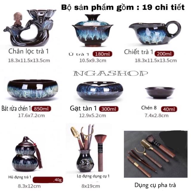 Bộ ấm chén pha trà đẹp Cối xay gốm sứ cao cấp,Bộ chén uống trà đạo tử sa hoả biến 18-19 chi tết nâu tím chú tiểu giá rẻ