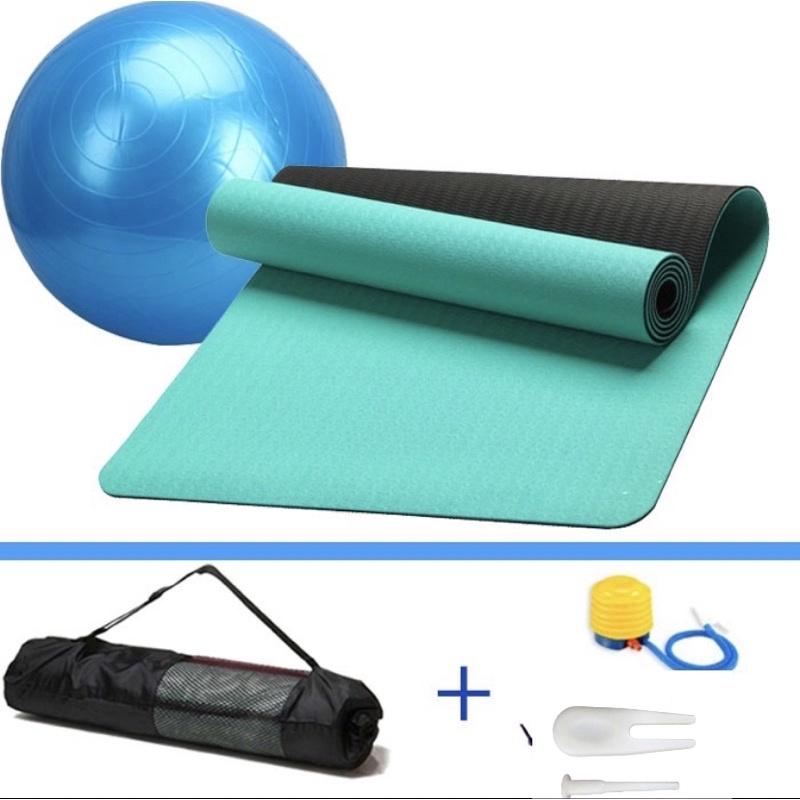 Combo thảm tập yoga TPE 6mm 2 lớp + bóng tập yoga 65cm cao cấp (Tặng túi đựng thảm và bơm bóng