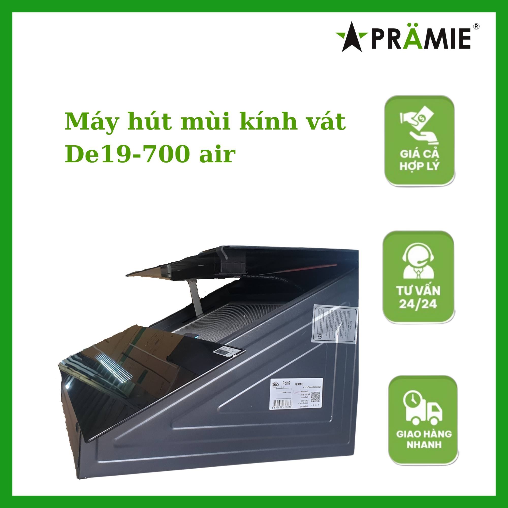 Máy hút mùi kính vát Pramie DE19-700 AIR_Vẫy tay_hàng nhập khẩu Thái Lan