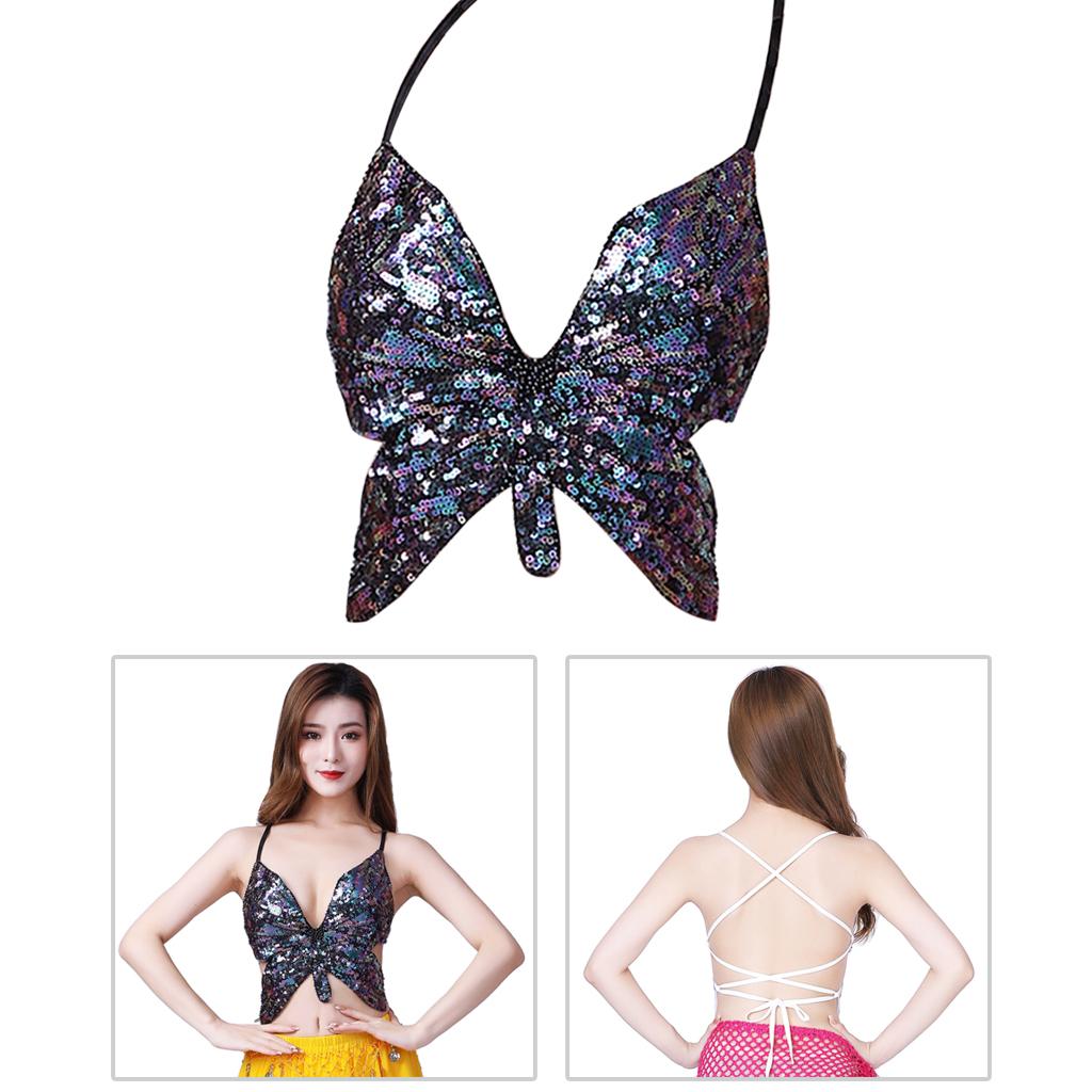 Womens Glitter Belly Dance Bra Sequin Butterfly Halter Crop Top Sexy Latin Sequins Costume Tribal Festival Party Club Wear