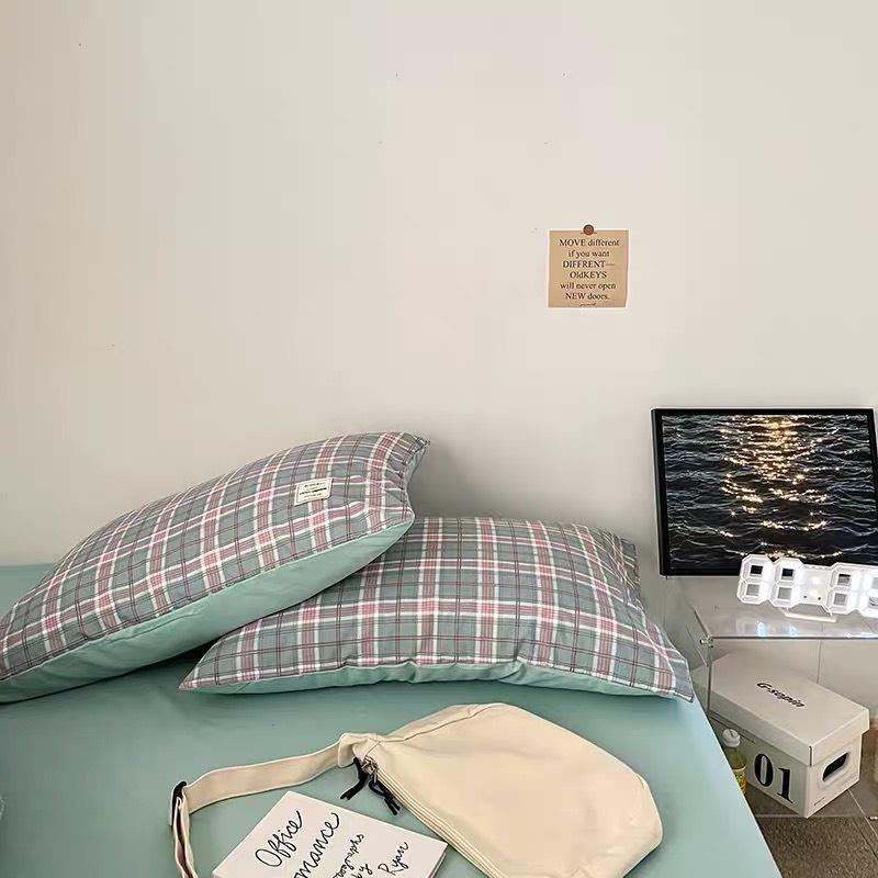 Bộ Vỏ chăn ga gối Cotton TC Nhà Nhím Chăn ga gối kẻ sọc caro 4 món