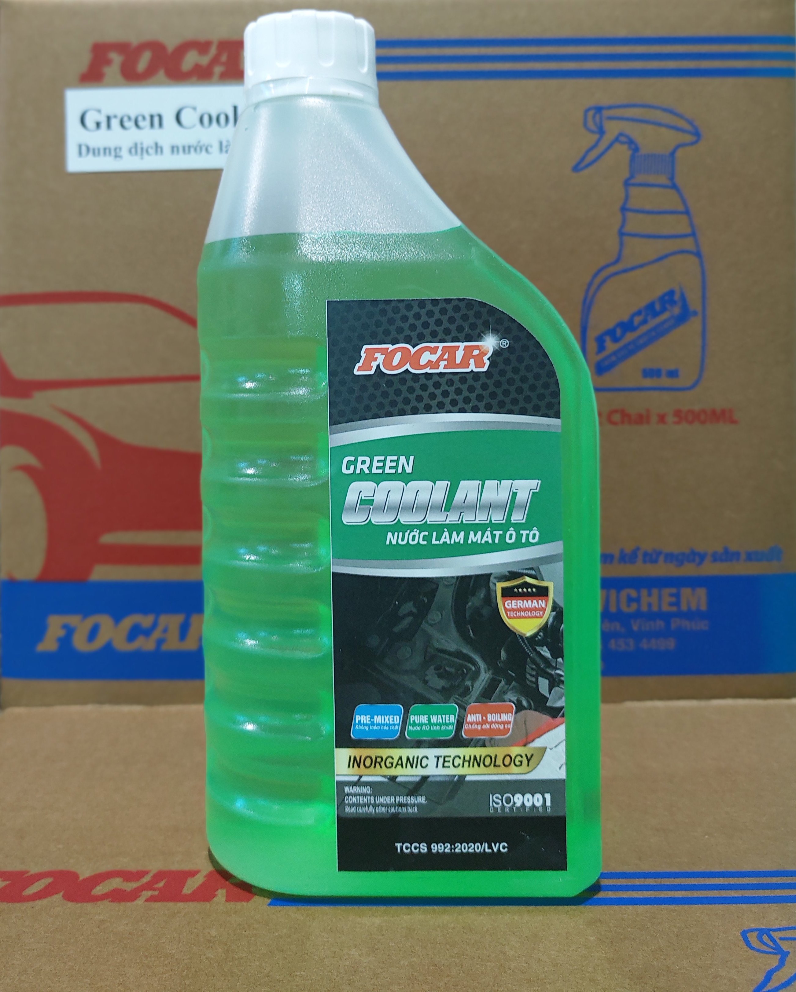 Nước làm mát động cơ ô tô xe máy, nước làm mát máy FOCAR Green Coolant 850ML (Màu xanh) tiêu chuẩn ISO 9001:2015