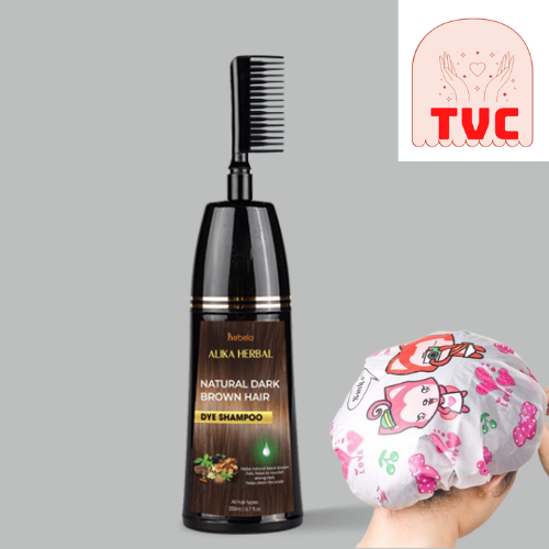 Dầu Gội Phủ Bạc ALIKA Màu Nâu Đậm 200ML, Thảo Dược Nhuộm Đen Tóc Chính Hãng Alika Natural Dark Brown Hair Dye Shampoo, Tặng Mũ Trùm Tóc Ngẫu Nhiên