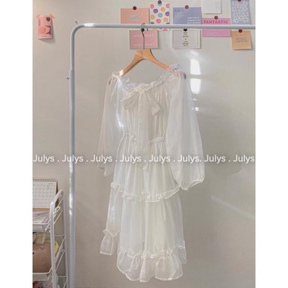 váy trễ vai trắng tay bồng dáng dài, đầm trễ vai tiểu thư dự tiệc chất đẹp, ulzzang xinh xắn