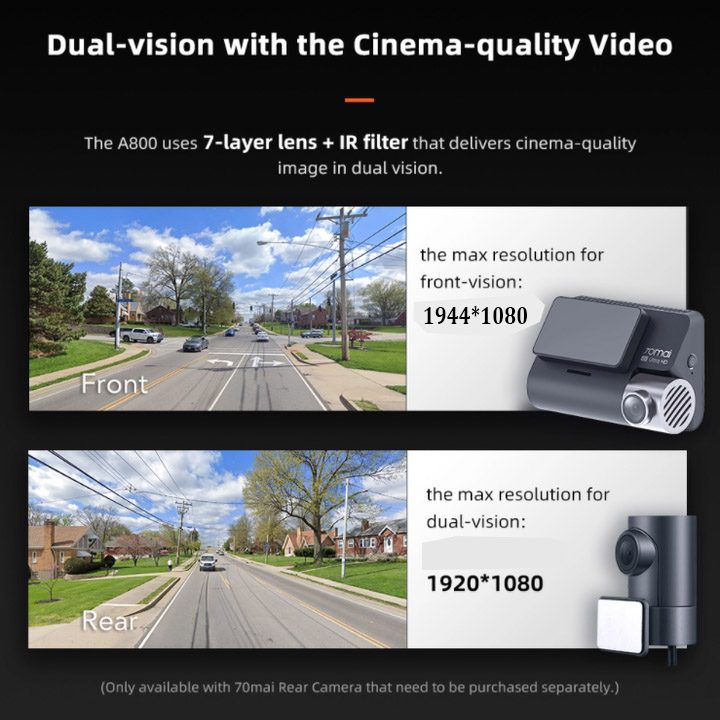 Camera hành trình ô tô, xe hơi nhãn hiệu Xiaomi 70mai cao cấp A500S độ phân giải FullHD 1080p (Bộ gồm Camera trước + sau) - Bản Quốc Tế - Hàng Nhập Khẩu