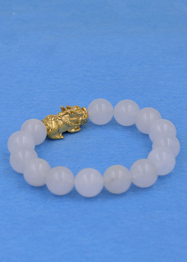 Vòng đeo tay thạch anh trắng 12 ly - cẩn Tỳ Hưu inox vàng VTATTHV12 - hợp mệnh Kim, mệnh Thủy