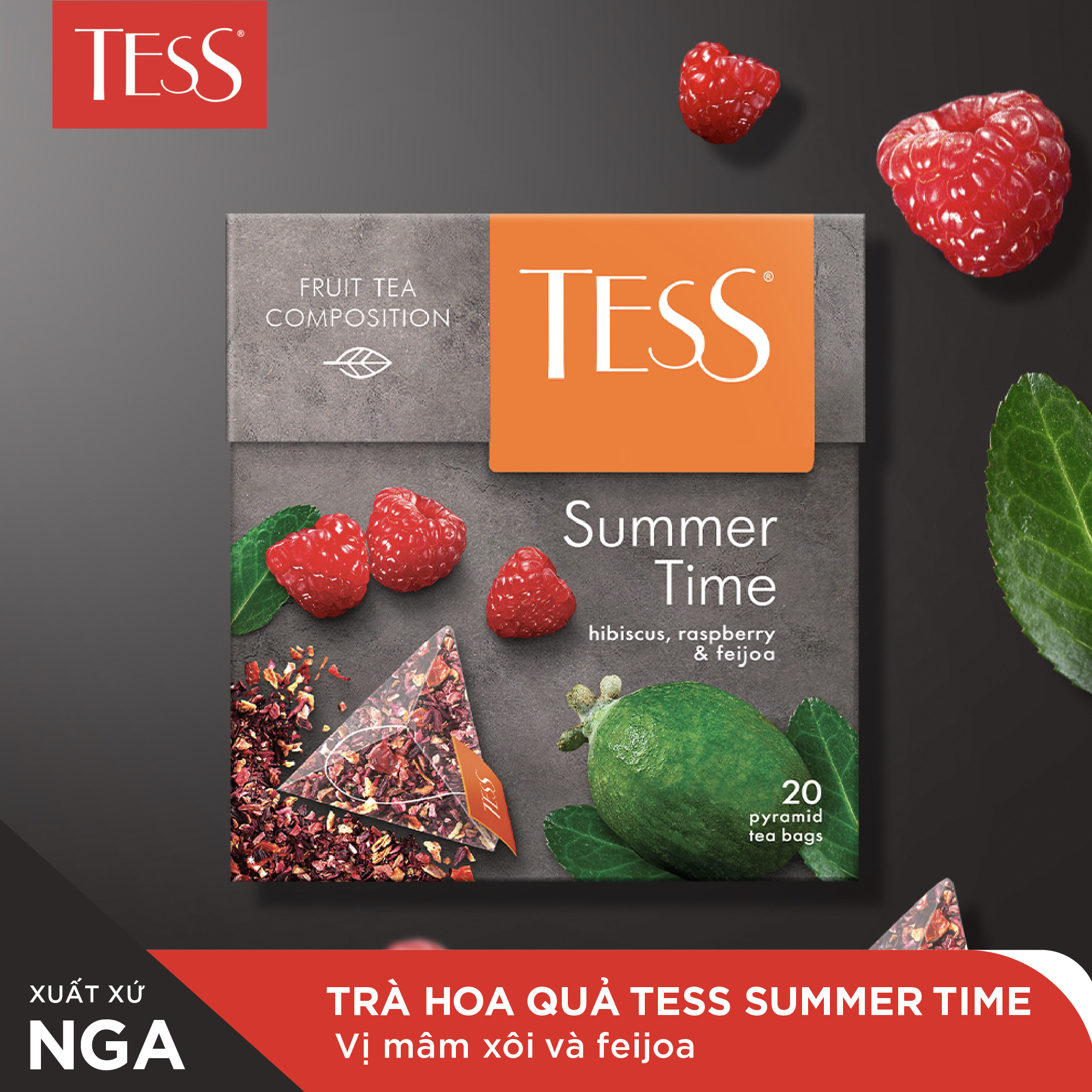 Combo 12 hộp Trà hoa quả Tess Summer Time vị mâm xôi và ổi feijoa 20 gói/hộp