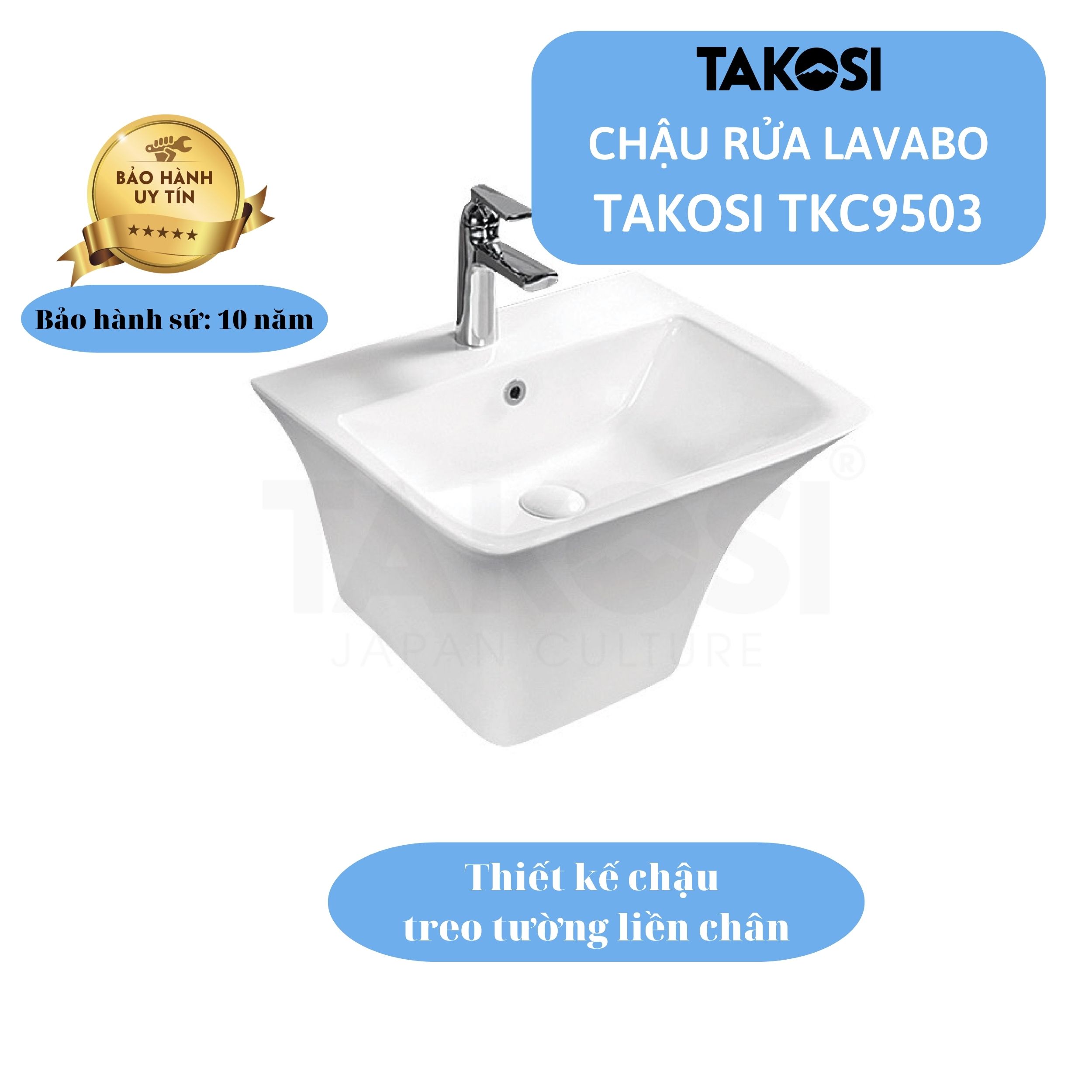 Chậu Lavabo sứ, Chậu rửa mặt phòng tắm Takosi TKC9503 Treo Tường Liền Chân dùng gia đình dùng khách sạn - Hàng chính hãng bảo hành 10 năm