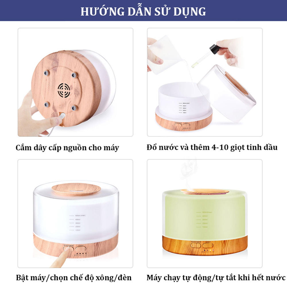 Máy Xông Tinh Dầu Khuếch Tán Phun Sương Trụ Vân Gỗ Bù Ẩm Phòng Điều Hoà Có Chế Độ Tự Ngắt Khi Hết Nước Có Đèn Led 7 Màu Phù Hợp Với Phòng 30m