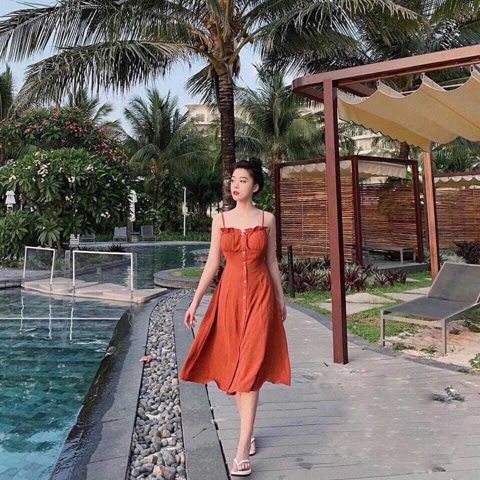 Váy Xòe Nữ 2 Dây Cài Nút Hở Lưng