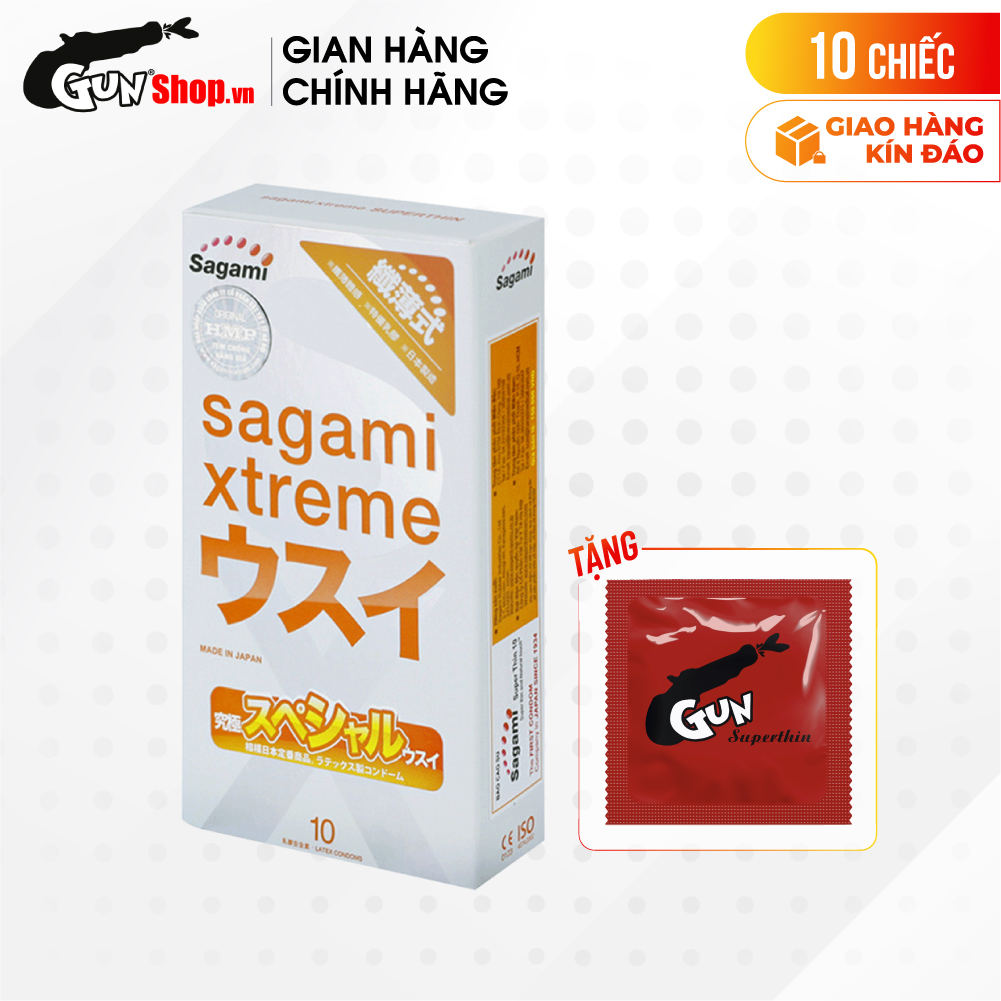 [Hộp 10 cái] Bao cao su Sagami Xtreme Super Thin – Siêu mỏng, ôm sát kèm 1 chiếc BCS Gun Super Thin
