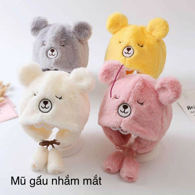 Mũ len lông cừu hình chú gấu bắc cực nhắm mắt có dây buộc cực mềm, ấm và đáng yêu cho bé từ 0-2 tuổi