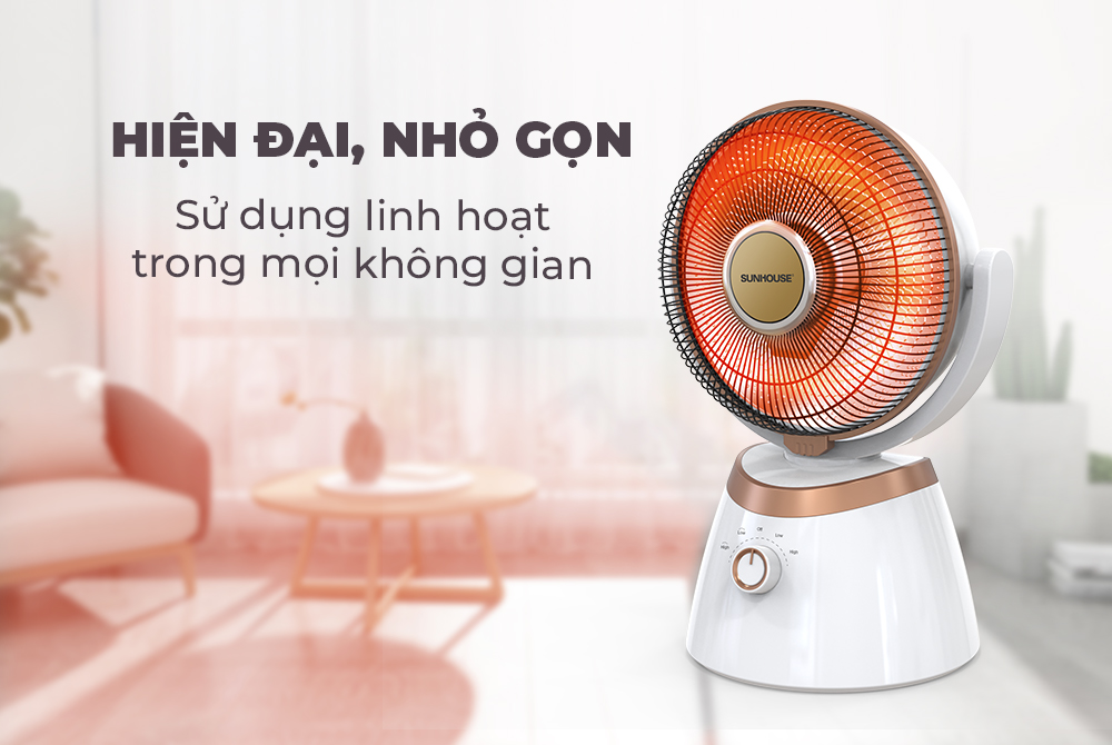 Quạt sưởi carbon Sunhouse SHD7008, Công suất 800W, Có 2 mức nhiệt, Quay 4 chiều tiện lợi, Tự ngắt khi quá nhiệt, nghiêng đổ, Hàng chính hãng - Bảo hành 12 tháng