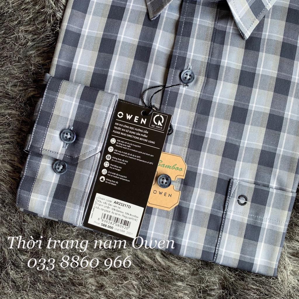 OWEN - Áo sơ mi dài tay Owen Regular fit chất sợi tre kẻ ca rô đen xám 23217