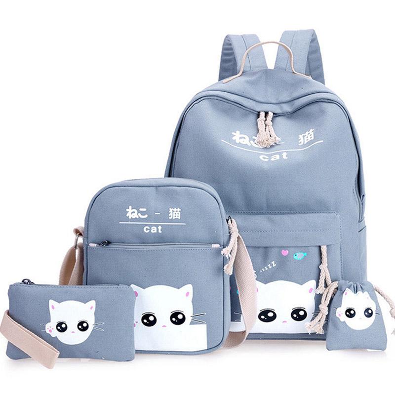 Mèo Hoạt Hình Học Túi Vải Bố Thời Trang Trường Ba Lô 4 Bộ Trẻ Em Học Cho Cô Gái Tuổi Teen Schoolbag Bagpack Túi Đeo Vai
