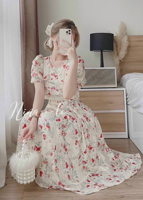 Đầm Maxi Voan Hoa 2 Lớp Tay Phồng Xếp Ly Ngực Thời Trang
