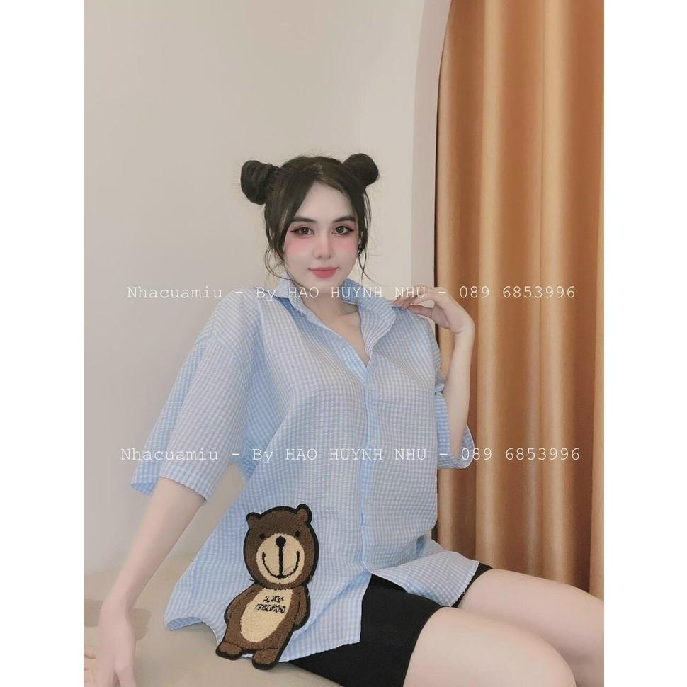 Sét bộ nữ áo sơ mi kẻ sọc tay lửng in hình bé gấu dễ thương phối quần lửng ngố ôm body xinh xắn thời trang nữ dạo phố