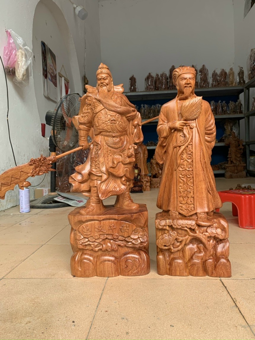 Cập tượng quan văn ,quan võ không minh( gia cat lượng ) và quan công bằng gỗ hương đá kt cao 60cm