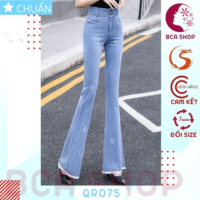 Quần jean nữ ống loe QRO75 ROSATA tại BCASHOP dáng dài thêu hoa, lưng cao 2 nút, phom chuẩn, chất liệu jean cao cấp - màu xanh