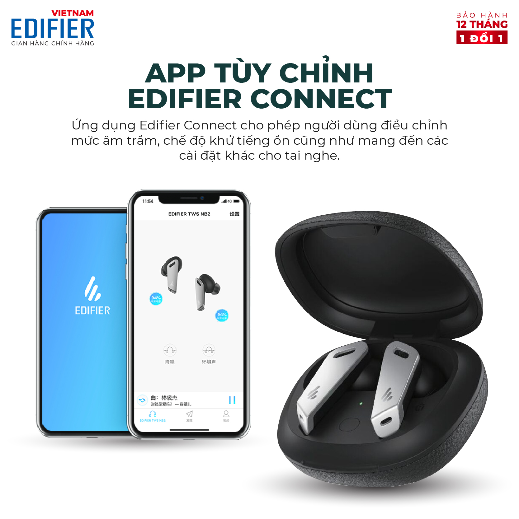 Tai nghe Bluetooth 5.0 EDIFIER TWS NB2 Âm thanh Stereo Chống nước IPX5 Có app điều chỉnh - Hàng chính hãng