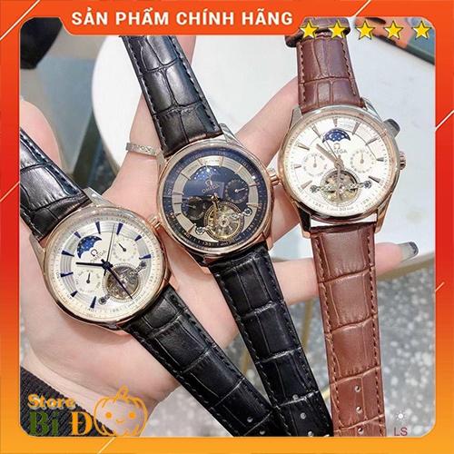 Đồng hồ cơ nam O.mega chạy cơ automatic lộ máy size 43 dây da cao cấp CHÔNG NƯỚC