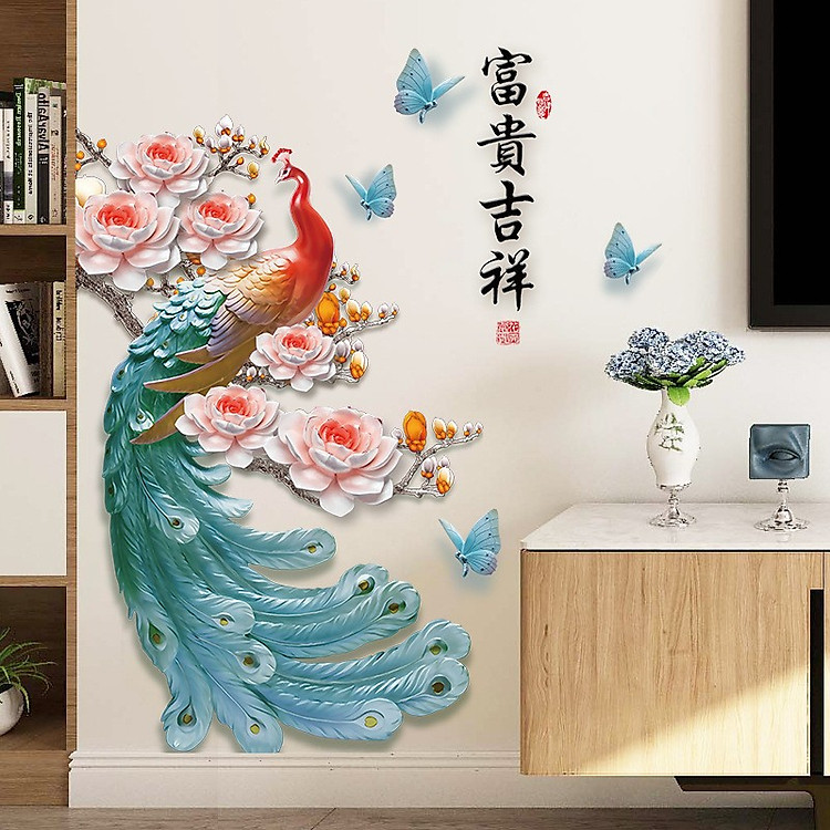 Tranh 3D Dán Tường Hình Chim Công 90x60cm