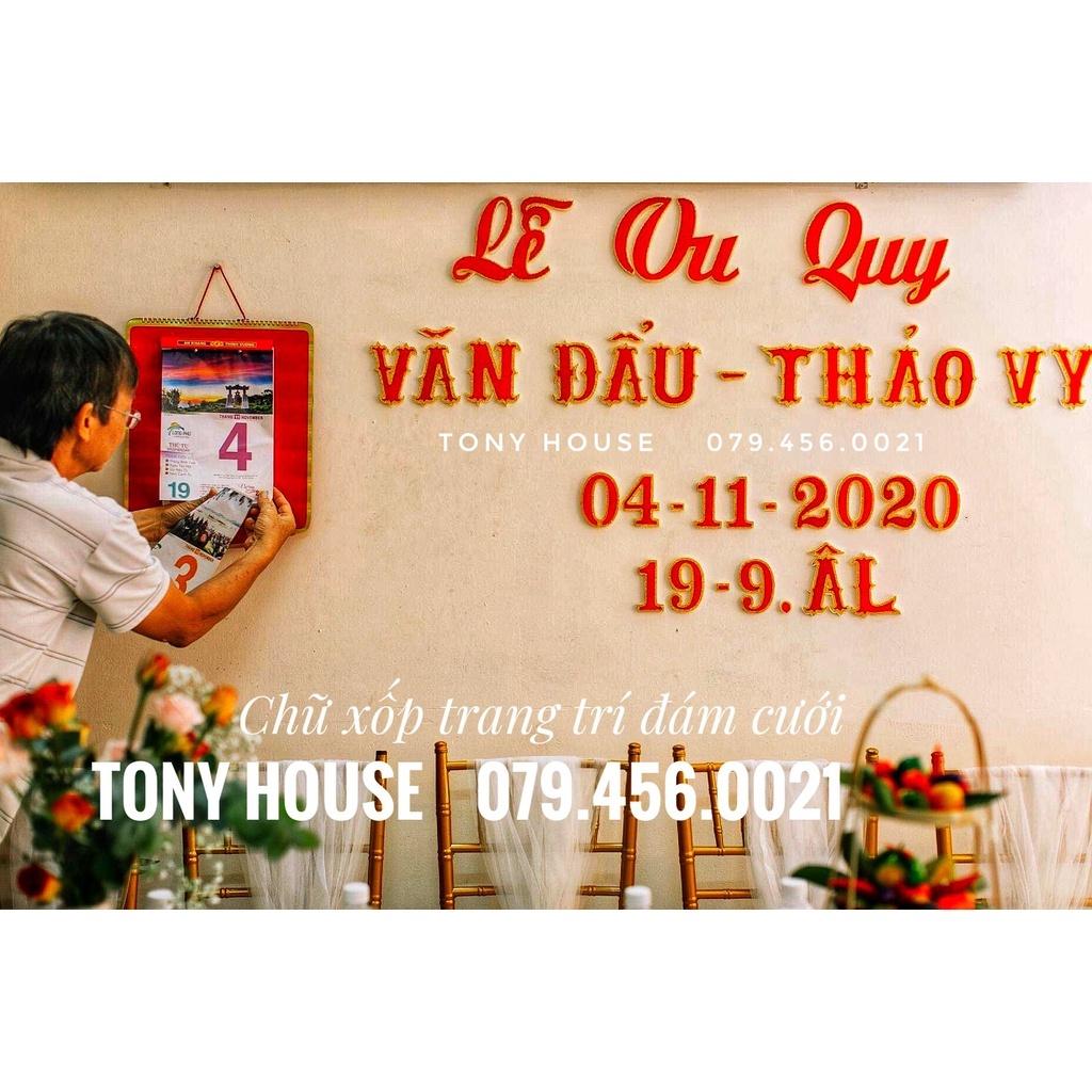 CHỮ XỐP TRANG TRÍ ĐÁM CƯỚI ĐỎ NHUNG VIỀN KIM TUYẾN - kèm keo dán chuyên dụng