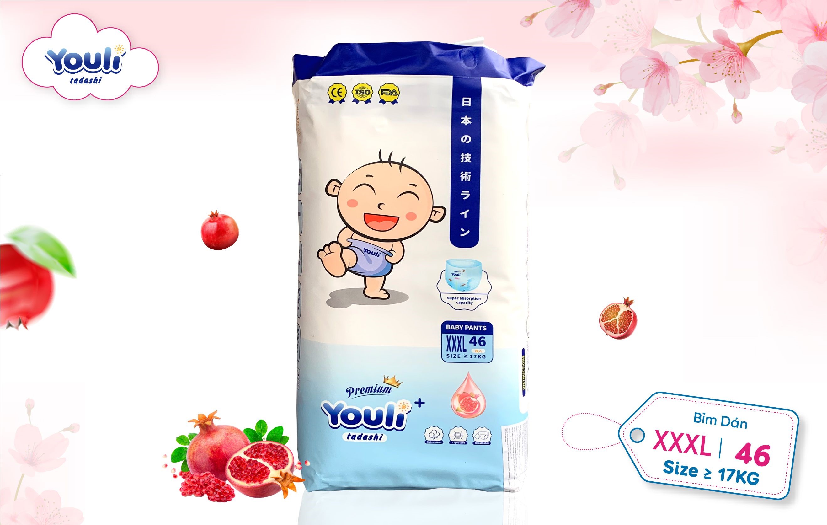 TÃ BỈM YOULI TÝ QUẬY QUẦN SIZE XXXL 46 MIẾNG CHO BÉ 18-30KG