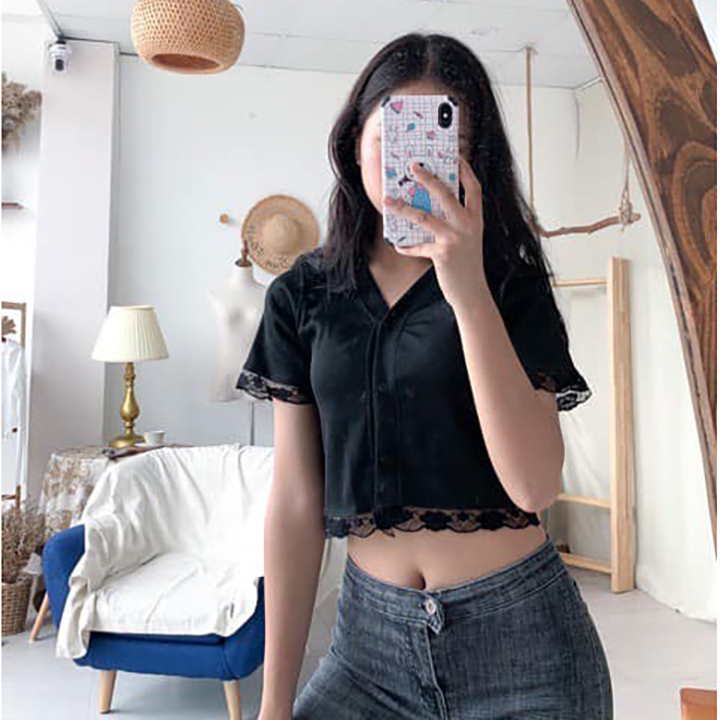 Áo croptop    Áo thun viền ren tay ngắn cúc thật XIXO - ATN0031