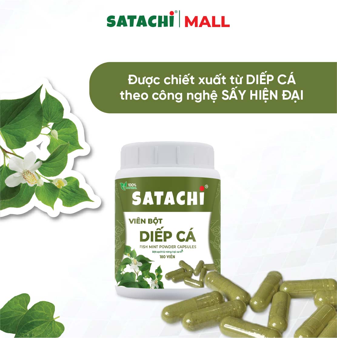Viên Bột Diếp Cá Nguyên Chất SATACHI – 100% Lá Diếp Cá Tươi – Dạng Viên Tiện Lợi – Hộp 180 viên