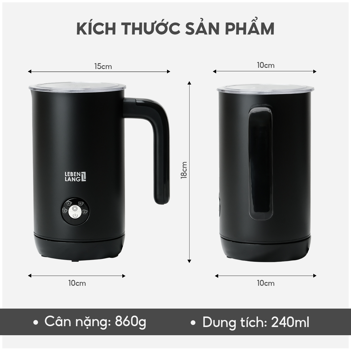 Máy đánh bọt cà phê, tạo bọt sữa Lebenlang LBL102, 500W, 240ml, 4 chế độ đánh nóng lạnh, tặng kèm 1 lò xo bảo hành 2 năm - hàng chính hãng