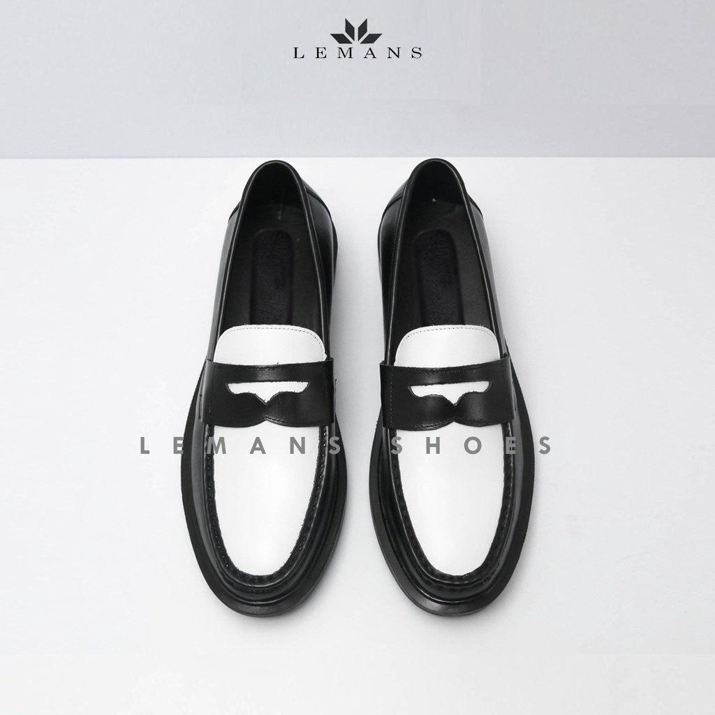 Giày da bò Penny Loafer Black White LEMANS, da bò thuộc nguyên tấm, tăng chiều cao 4cm, bảo hành 24 tháng