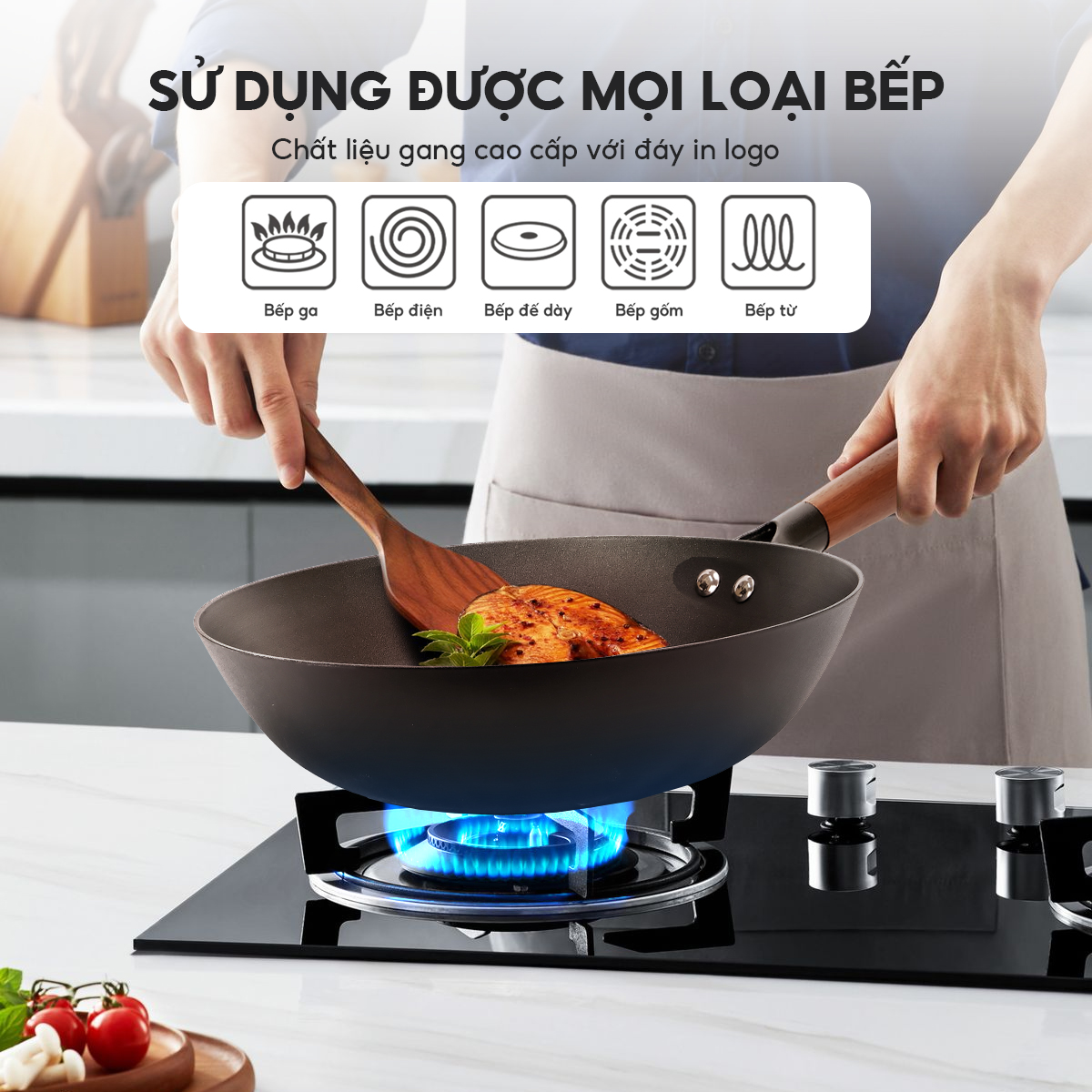 Chảo gang sâu lòng chống dính Lebenlang LBL2524, size 30cm, tay cầm gỗ dùng mọi loại bếp - hàng chính hãng