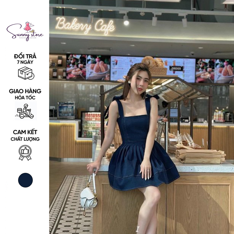 Đầm Jean Nơ Vai Dáng Xoè Xếp Ly