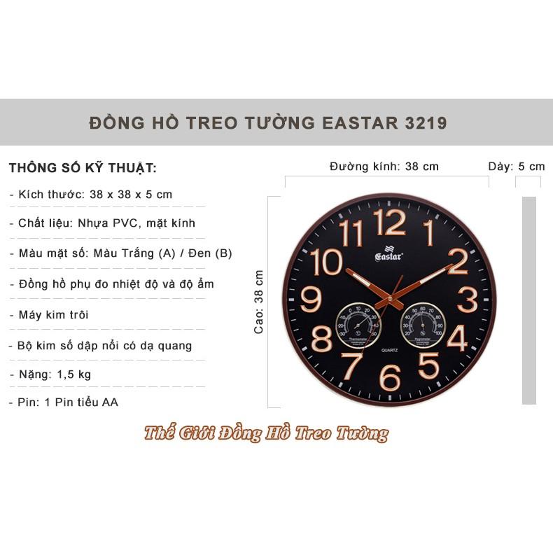 Đồng Hồ Treo Tường DẠ QUANG Tròn Lớn (38cm) - NHIỆT ẨM KẾ Tự Động (Không Dùng Pin) - Máy KIM TRÔI EASTAR - Số Nổi 3D - Viền Siêu Mỏng - Tặng Pin Maxell - BH 1 Năm