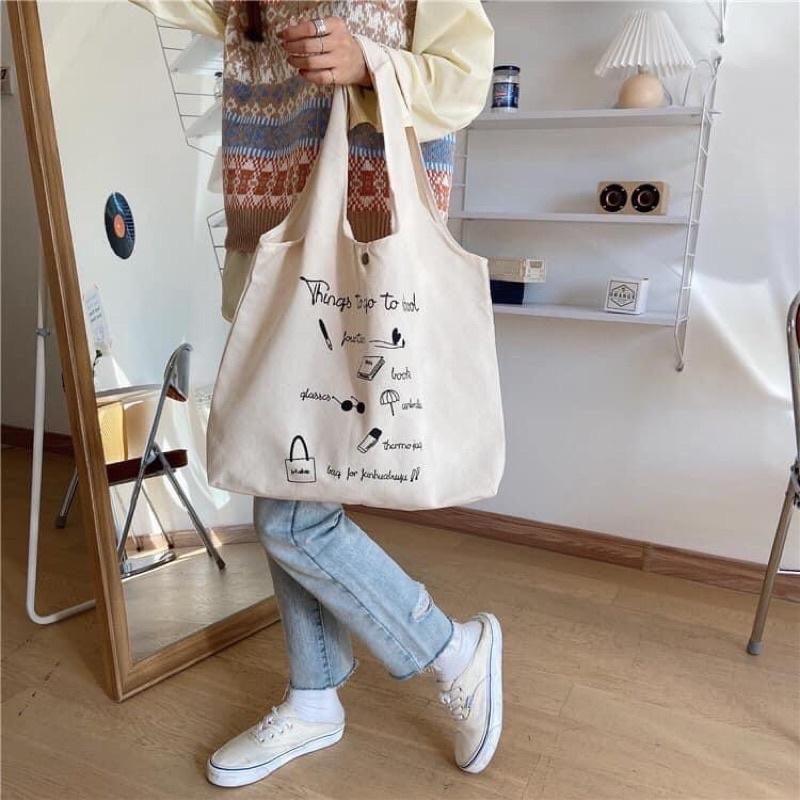 Túi Tote Canvas School dáng chữ A có ngăn phụ và nút bấm