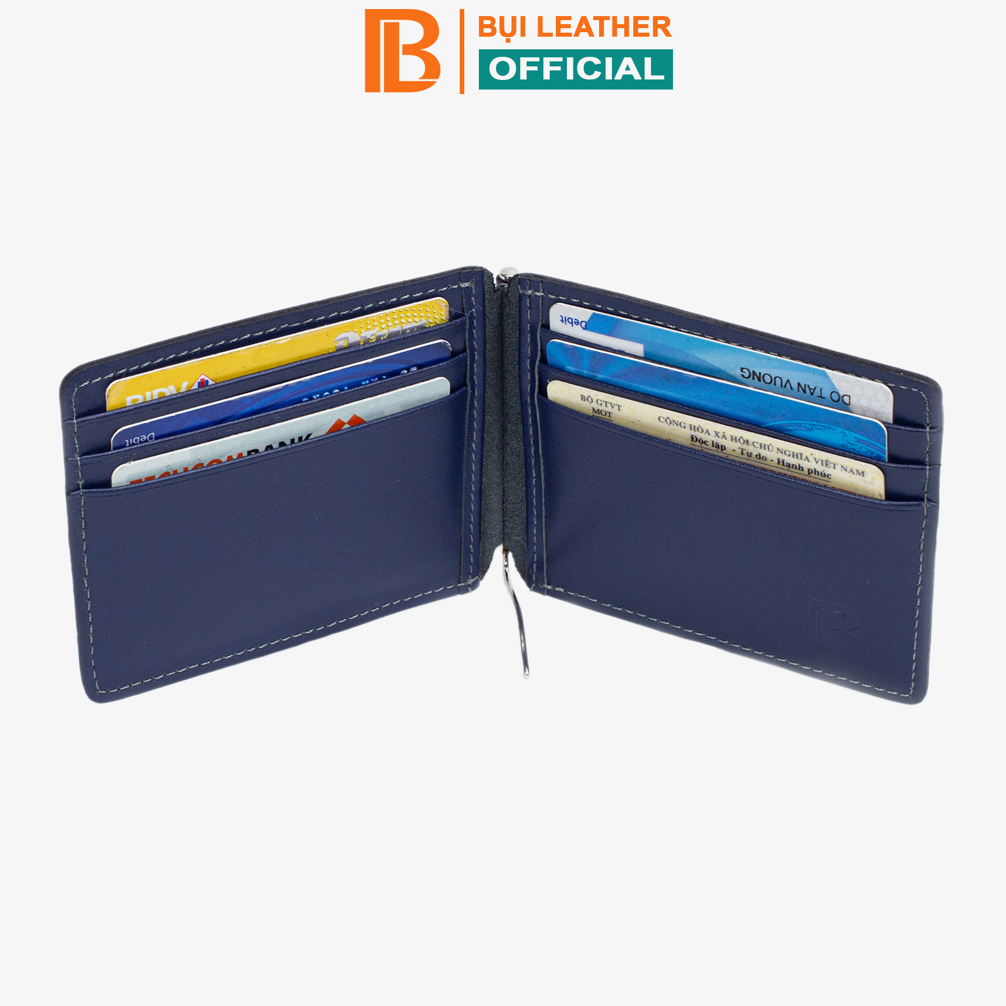 Ví kẹp tiền da bò nappa V109 cao cấp, bóp nam mini nhỏ gọn da bò thật màu xanh navy nhiều ngăn chứa tiền chứa thẻ, Fullbox hộp sang trọng làm quà tặng,thương hiệu Bụi leather chuyên đồ da thật,bảo hành 12 tháng