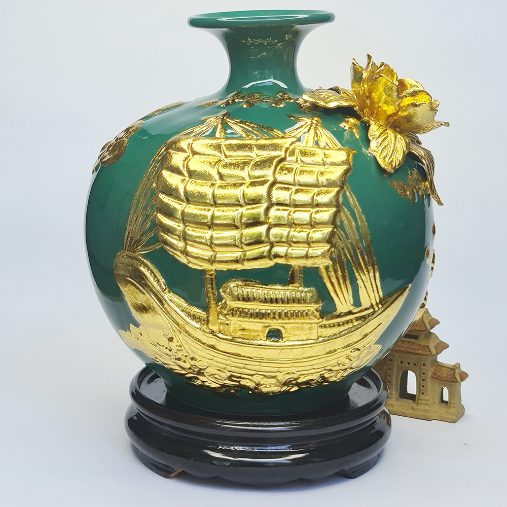 Bình Hút Lộc Gốm Sứ Đắp Nổi Vàng 24K - Thuyền - Hoa Mai - Mx